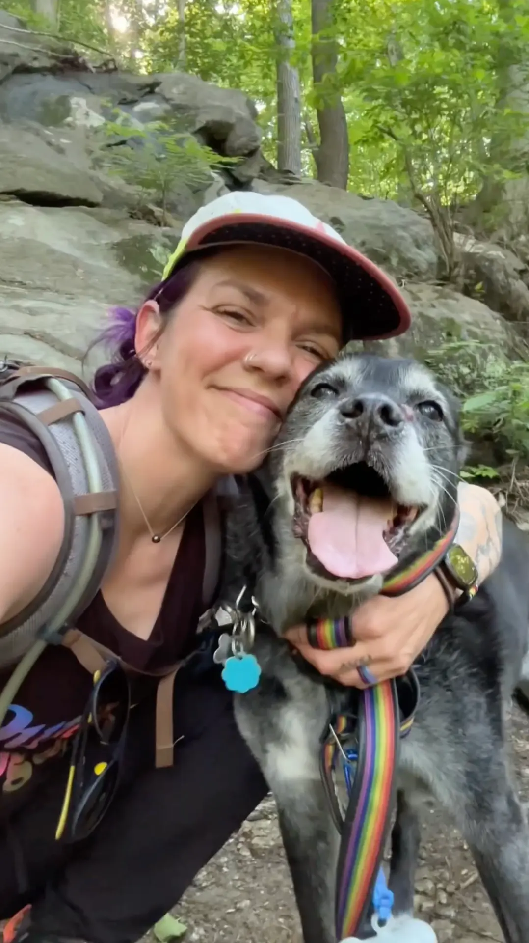 Creator filming an outdoor lifestyle video with her dog