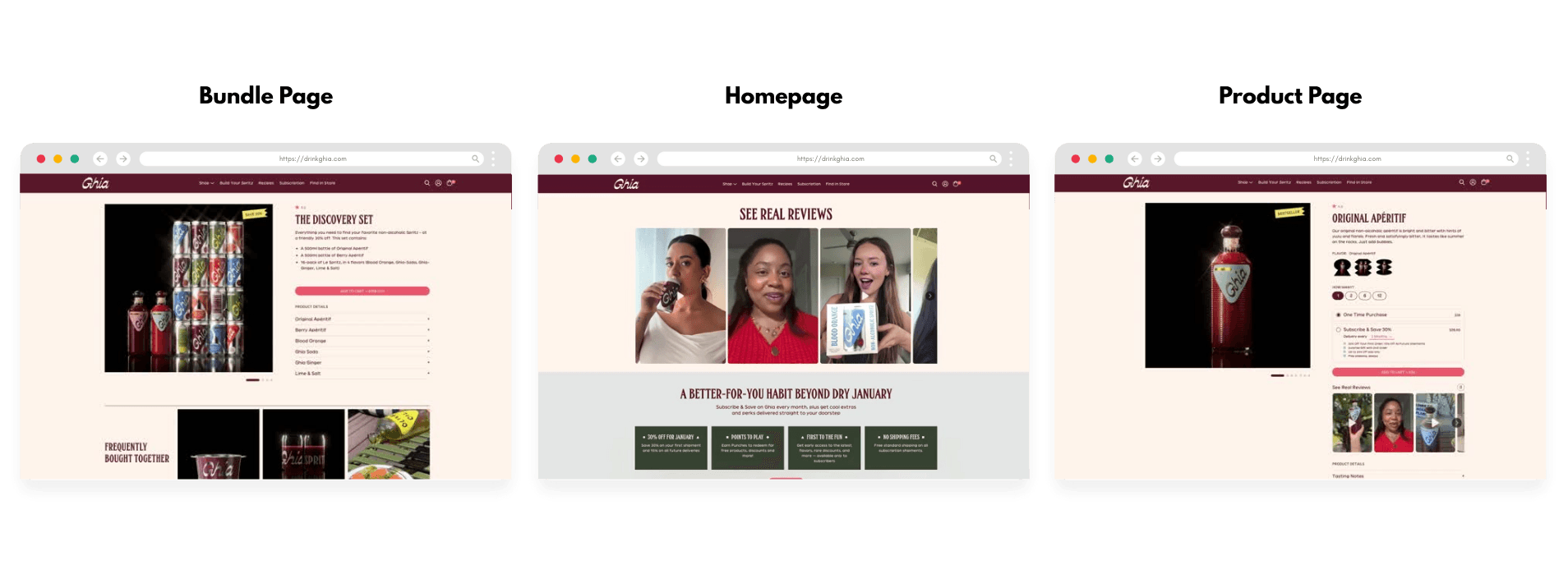 bundle page, homepage, and PDP